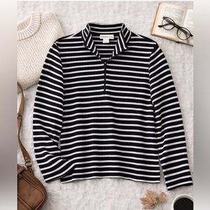 Coldwater Creek Black White Striped Half Zip Knit Top Womens PL Casual Comfort